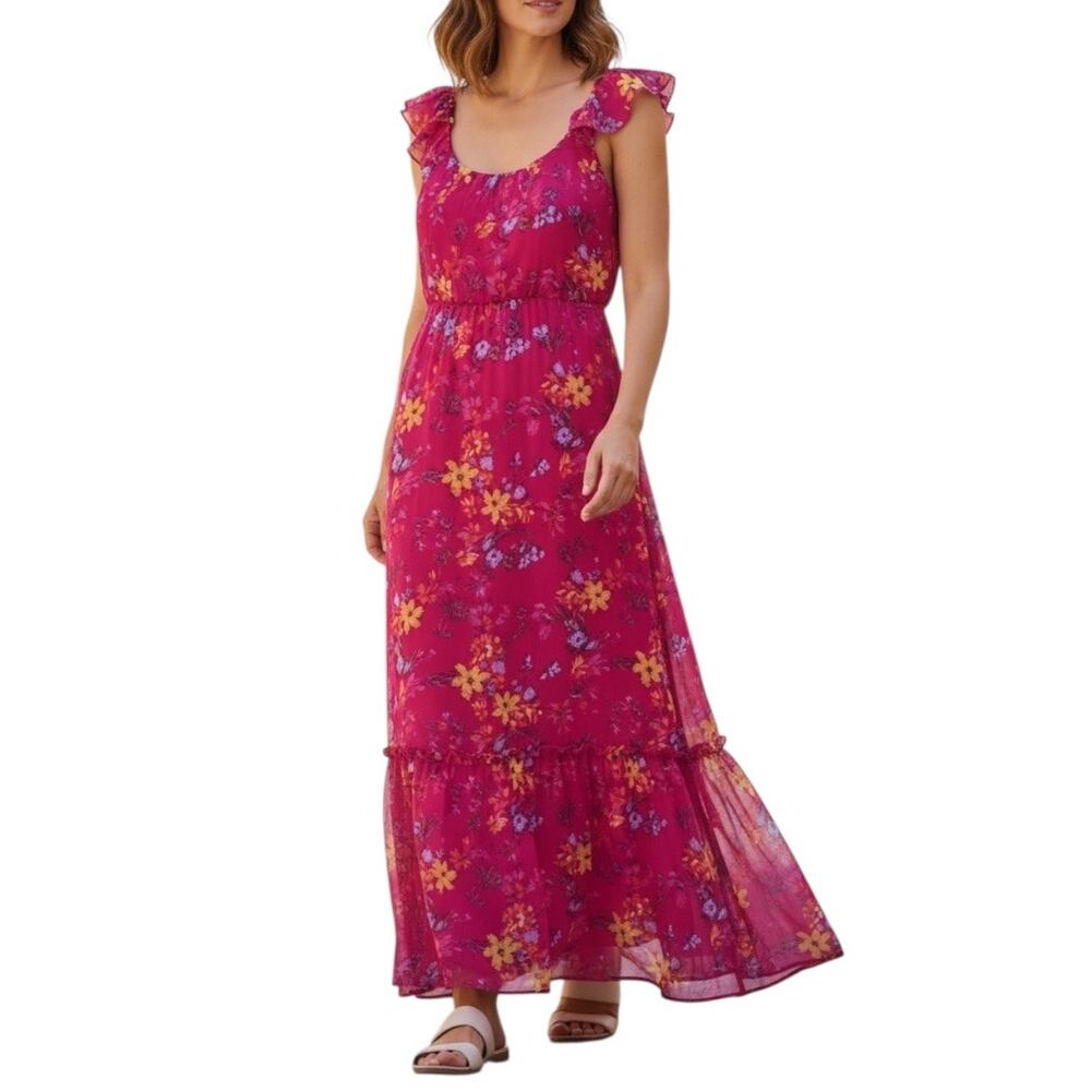 Fuchsia Floral Tiered Maxi Dress NWT Medium Vacation Garden Party Cottagecore